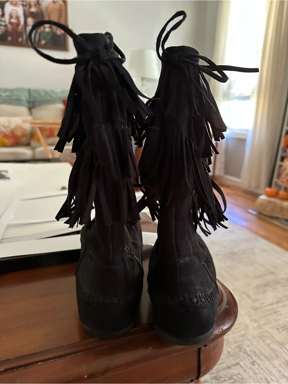 Girls Black Fringe Suede Boots